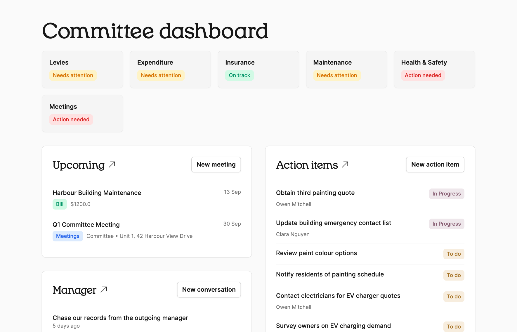 A committee dashboard in Quarter